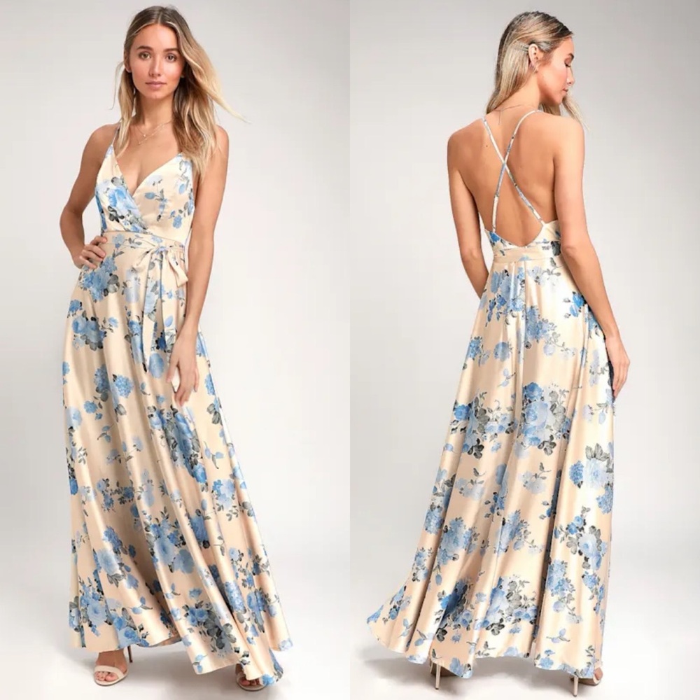 NWT Lulus Overjoyed Champagne Satin Floral Print Maxi Dress